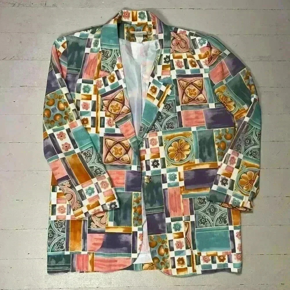 Vtg Jordana Colorful Patterned Women’s Blazer 3/4‎ Sleeve Made In The USA